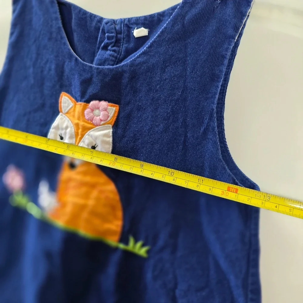 Vintage Girls 3T Blue Corduroy Jumper Dress Fox Applique Fall Autumn Cottagecore
